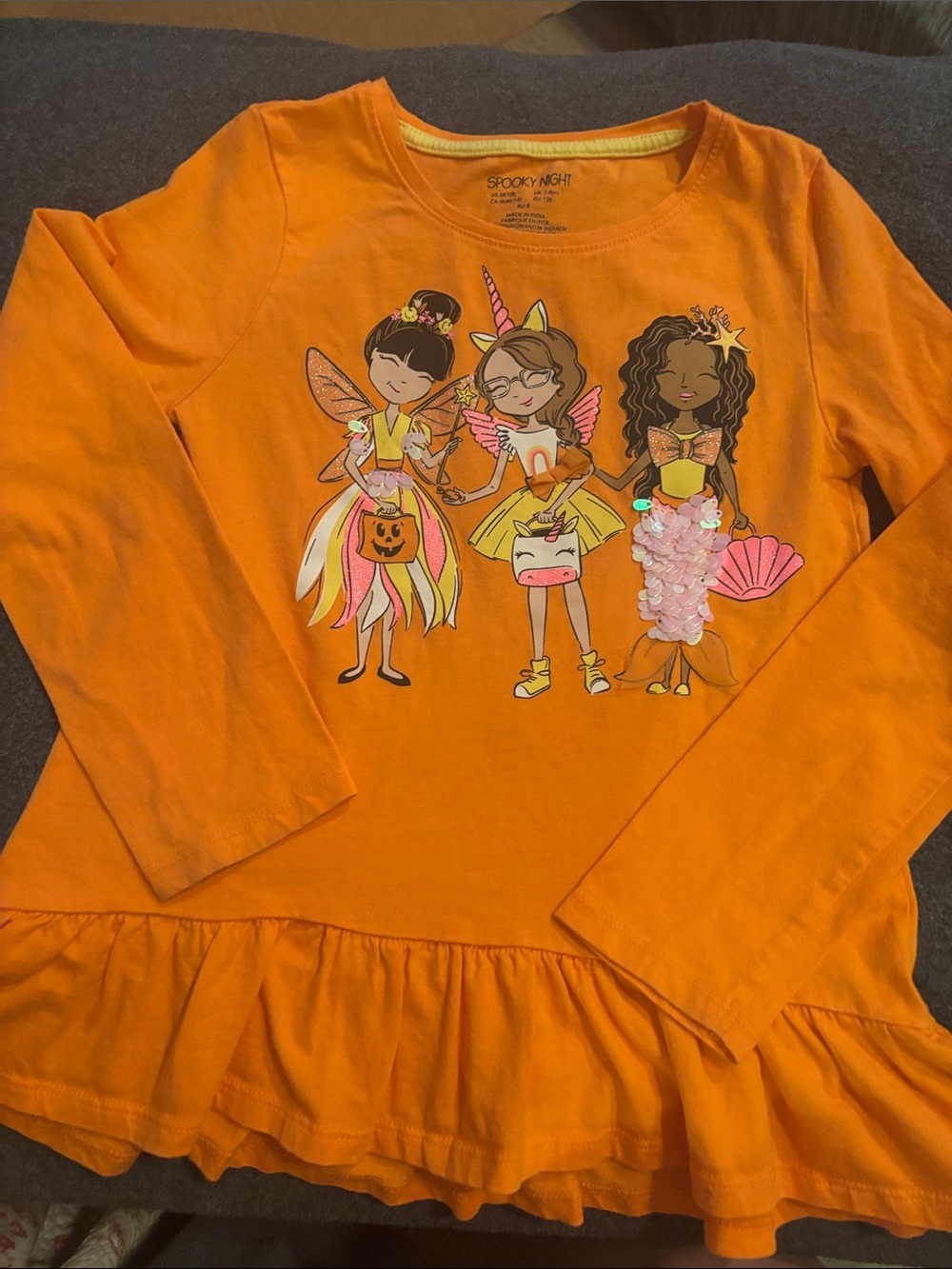 NWOT Spooky Night Girls' Sequin Orange Halloween Top with Mermaid & Fairy Print